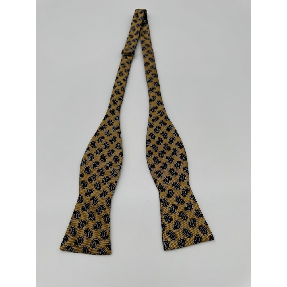 Vintage Silk Self Tie Bow Tie Gold Black Paisley Hand Made USA Adjustable
